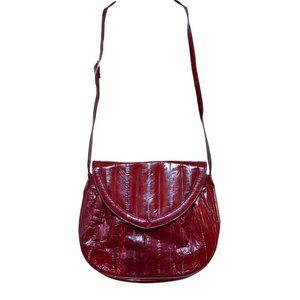 VTG Red Leather Cross Body Bag Eel Skin Adjustable Strap Oxblood Burgundy 80s